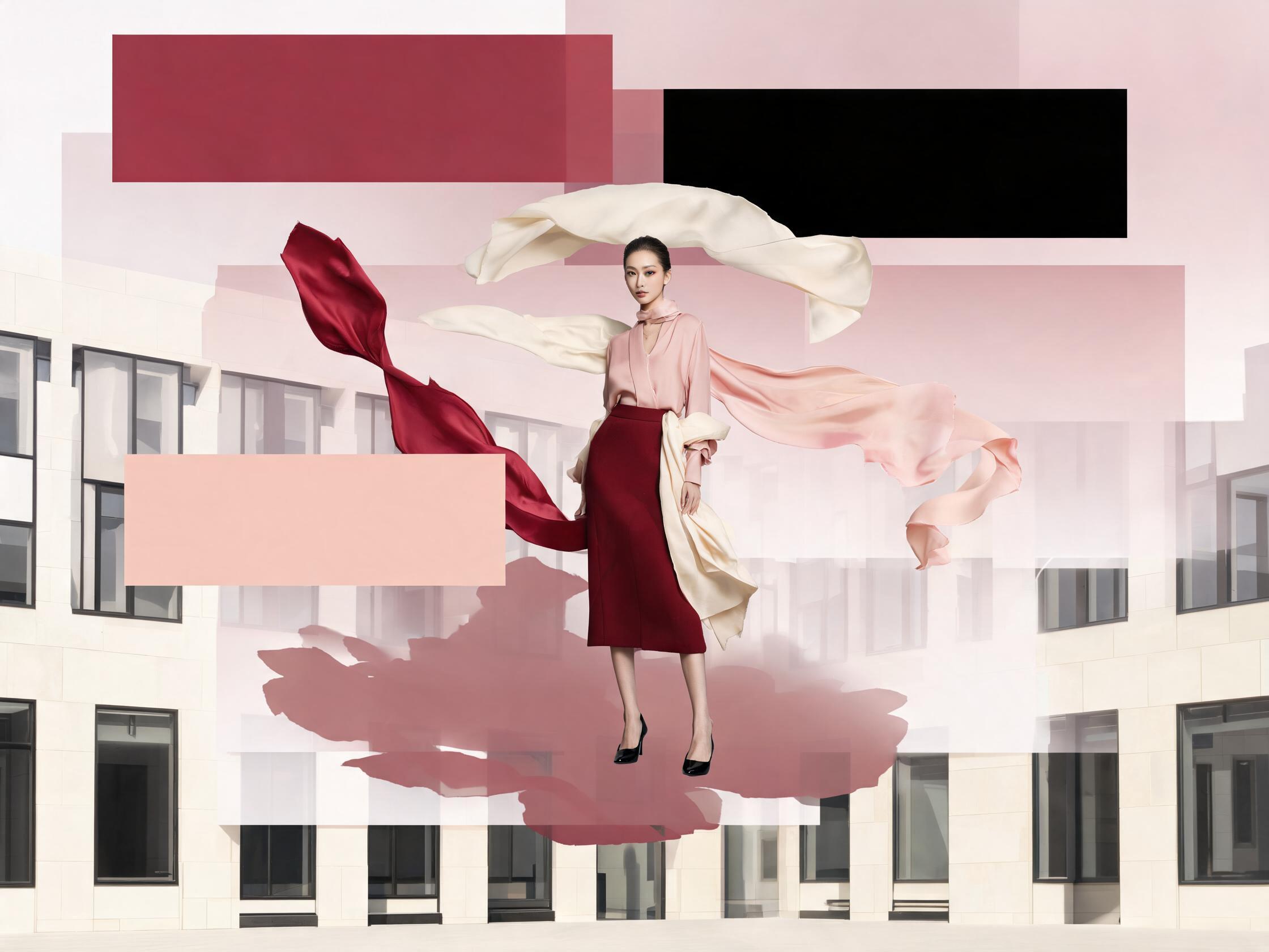 A fashion poster with the model and flowing fabric isolated above editable colour blocks and a transparent shadow layer