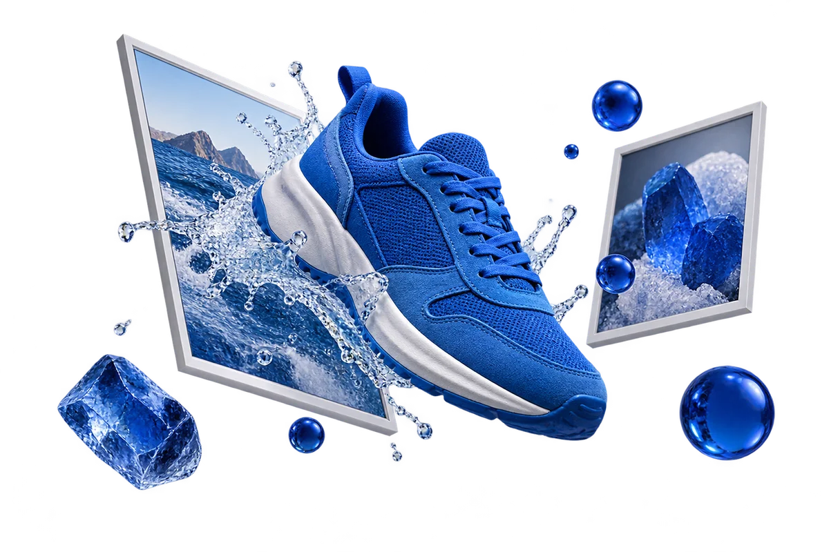 A blue sneaker emerging as an isolated cutout from a floating studio photo