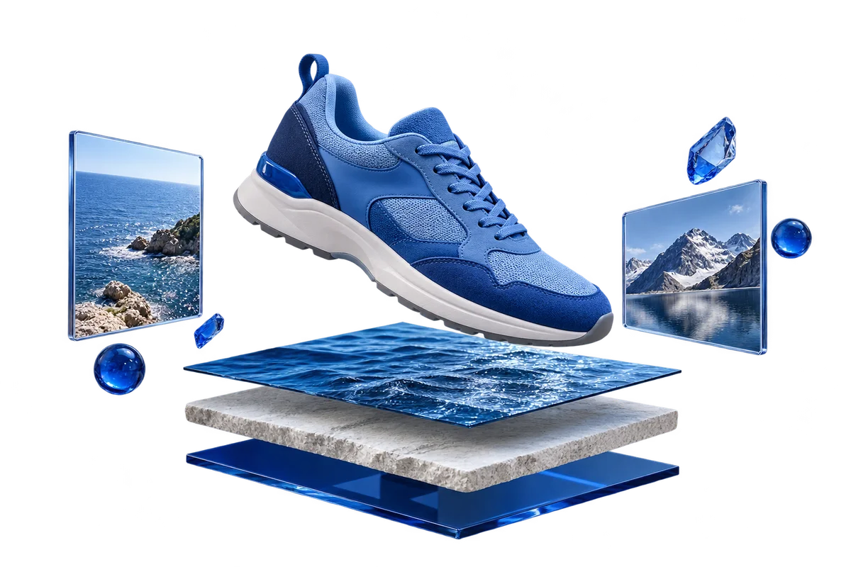 An isolated blue sneaker floating above three separated editorial background planes