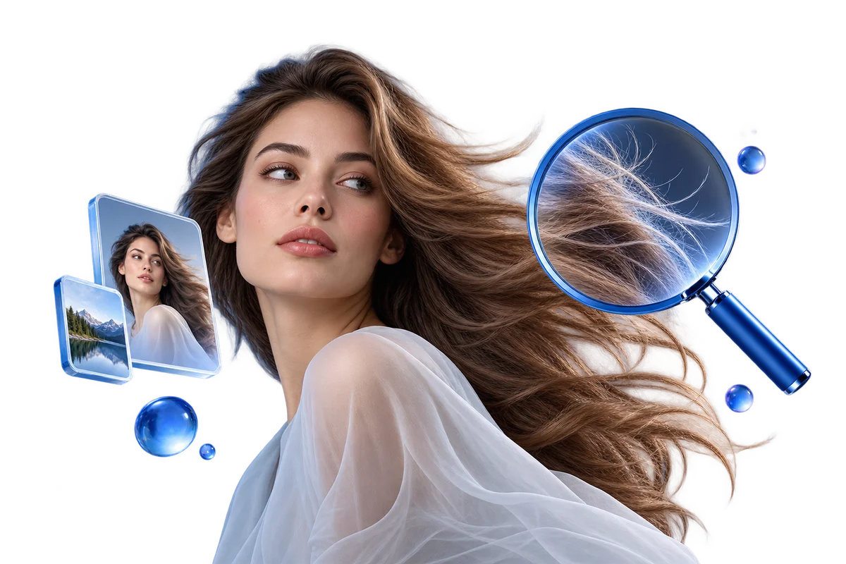 An isolated portrait with flowing hair and a blue magnification lens highlighting fine hair edges