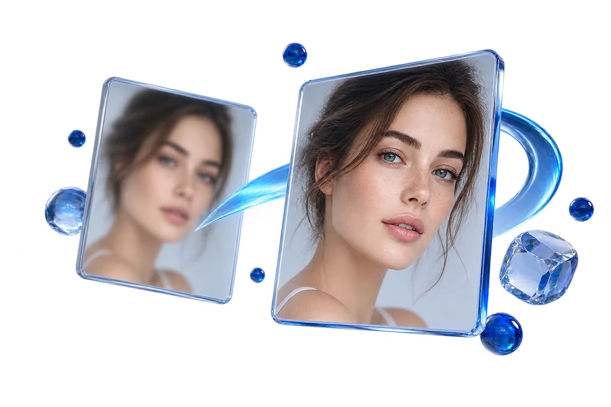 Two floating portrait frames showing a softly blurred face and a more defined version with blue accents