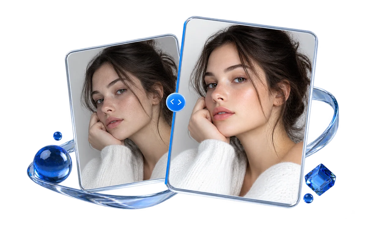 Two overlapping photographic portrait frames with a blue split comparison slider