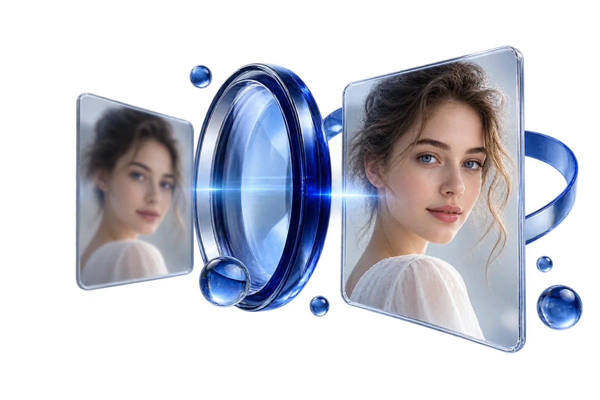 A softly focused portrait passing through a blue glass optical lens into a refined image