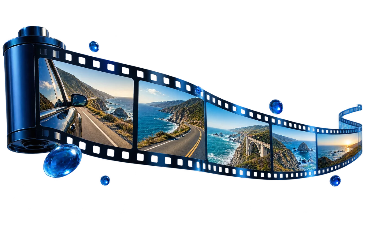 A floating cinematic filmstrip of a coastal drive with new frames extending to the right in blue light