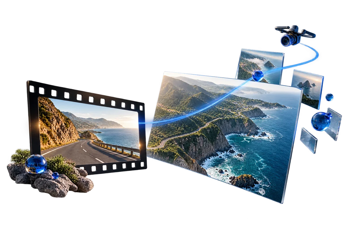 A coastal road film frame opening into a wider aerial reveal with a blue curved camera path