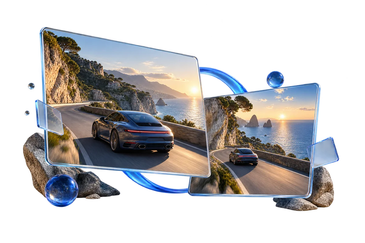 Two overlapping cinematic coastal car frames with matching lighting and a subtle blue connection