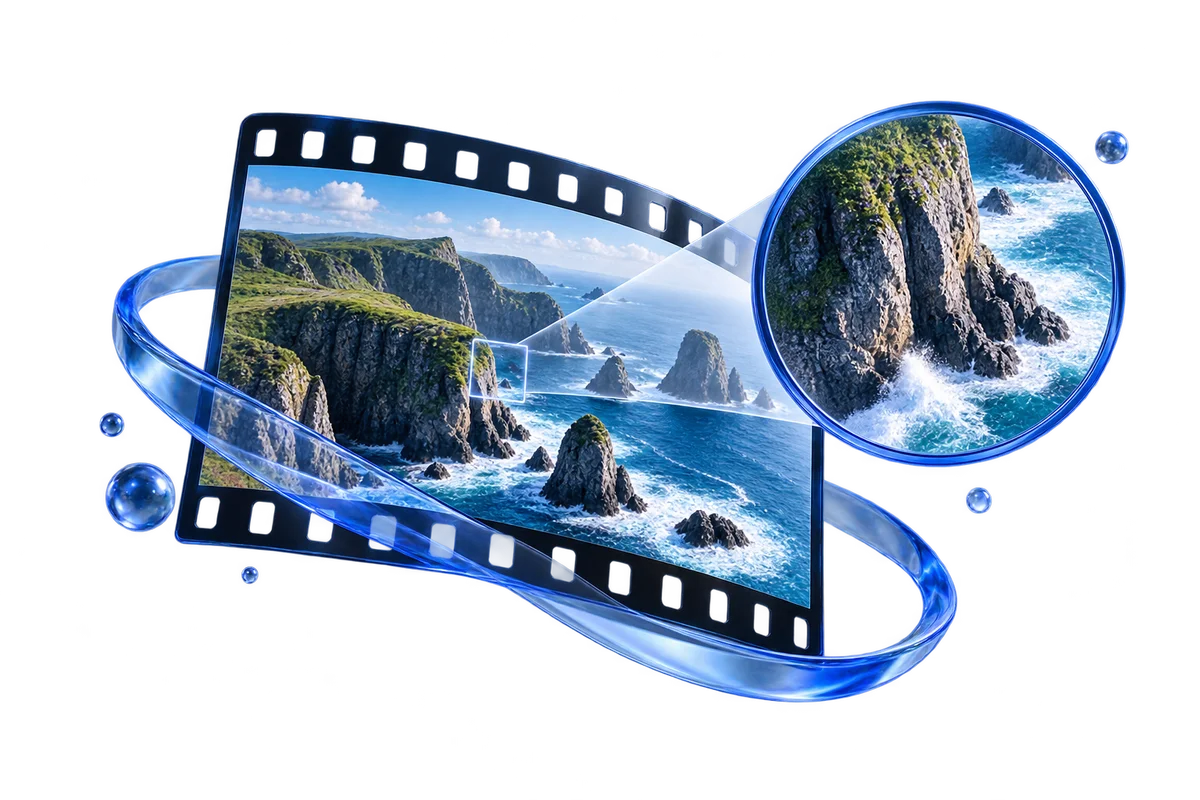 A floating film frame of ocean cliffs with a magnified circular detail and cobalt accents