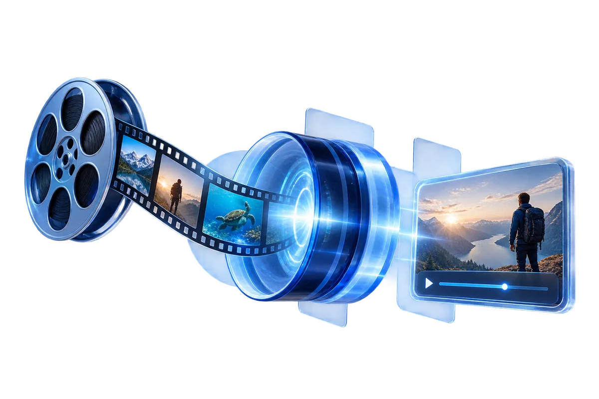 A floating film reel passing through a blue glass processing lens into a finished video frame